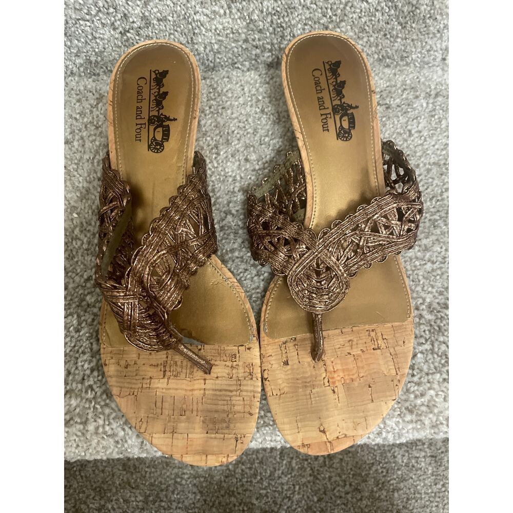 Coach and Four by Coach Bronze Woven Wedge Thong Sandals, 9
